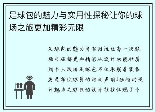 足球包的魅力与实用性探秘让你的球场之旅更加精彩无限