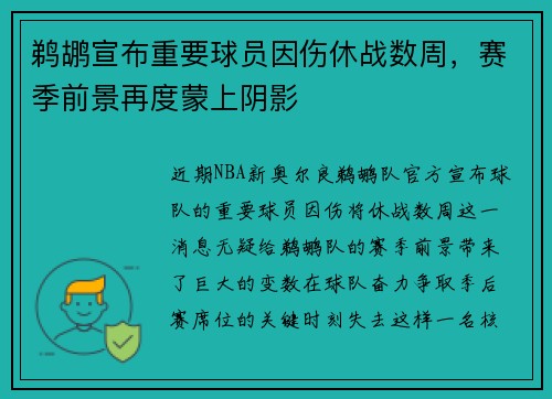 鹈鹕宣布重要球员因伤休战数周，赛季前景再度蒙上阴影
