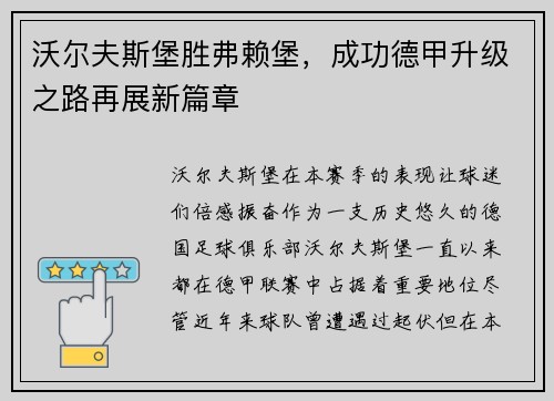 沃尔夫斯堡胜弗赖堡,成功德甲升级之路再展新篇章