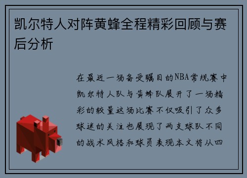 凯尔特人对阵黄蜂全程精彩回顾与赛后分析