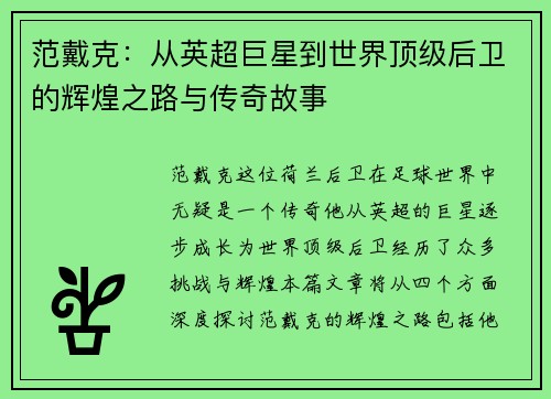 范戴克：从英超巨星到世界顶级后卫的辉煌之路与传奇故事