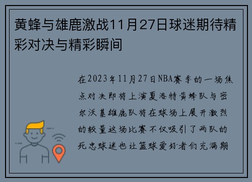 黄蜂与雄鹿激战11月27日球迷期待精彩对决与精彩瞬间
