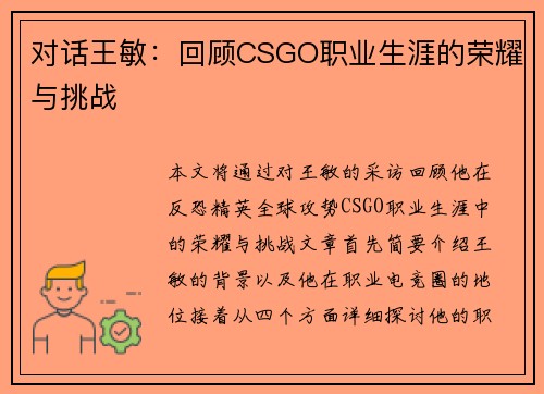 对话王敏：回顾CSGO职业生涯的荣耀与挑战