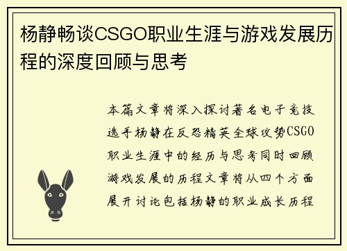 杨静畅谈CSGO职业生涯与游戏发展历程的深度回顾与思考